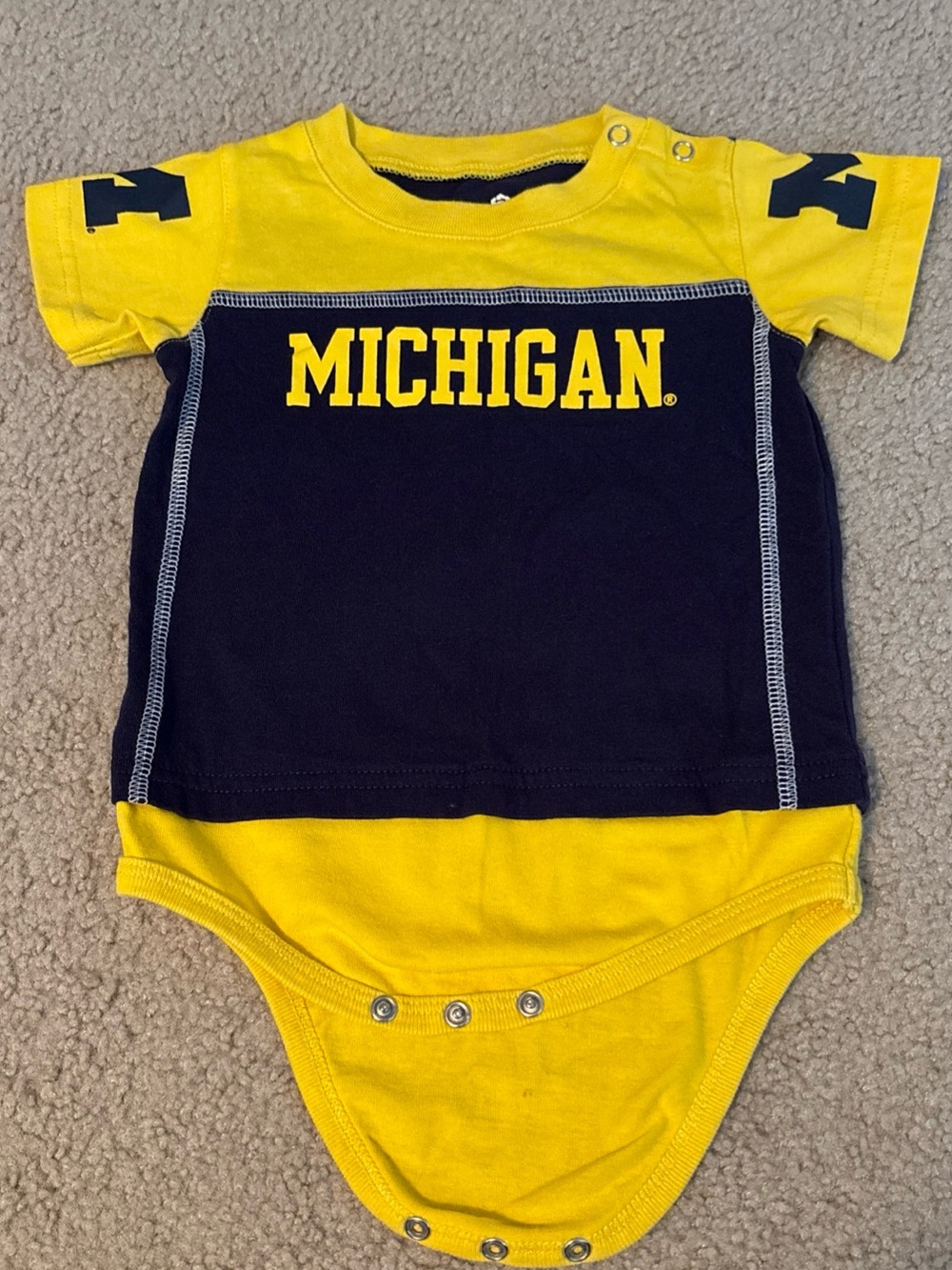 Michigan Wolverines Gen2 Baby One Piece Bodysuit  18 Months Yellow & Navy, Snaps